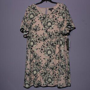 Vintage Luxology Pink and Black Floral Print Lined Dress w/Ruffled Sleeve Size 8